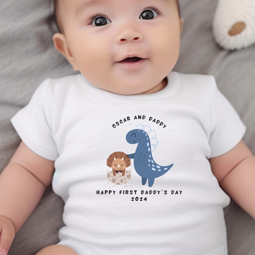 Personalised 1st Fathers Day Dinosaur Baby Outfit: Bib, Vest, Baby Grow