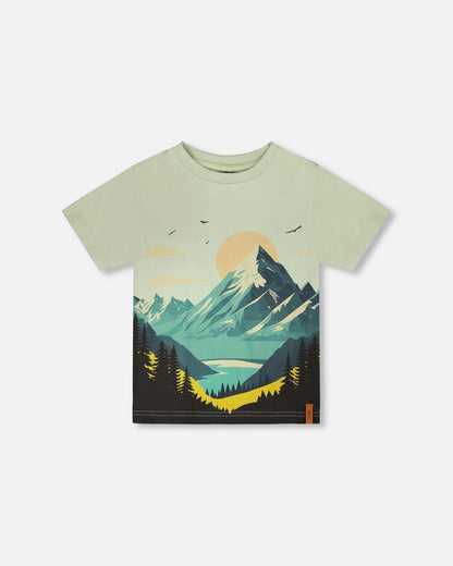 Organic Cotton Jersey T-Shirt With Mountain Print Sage