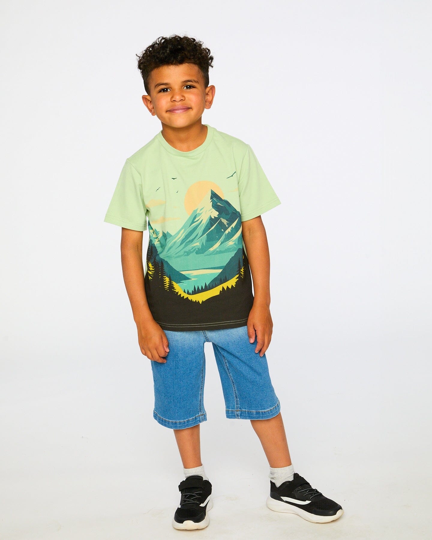 Organic Cotton Jersey T-Shirt With Mountain Print Sage